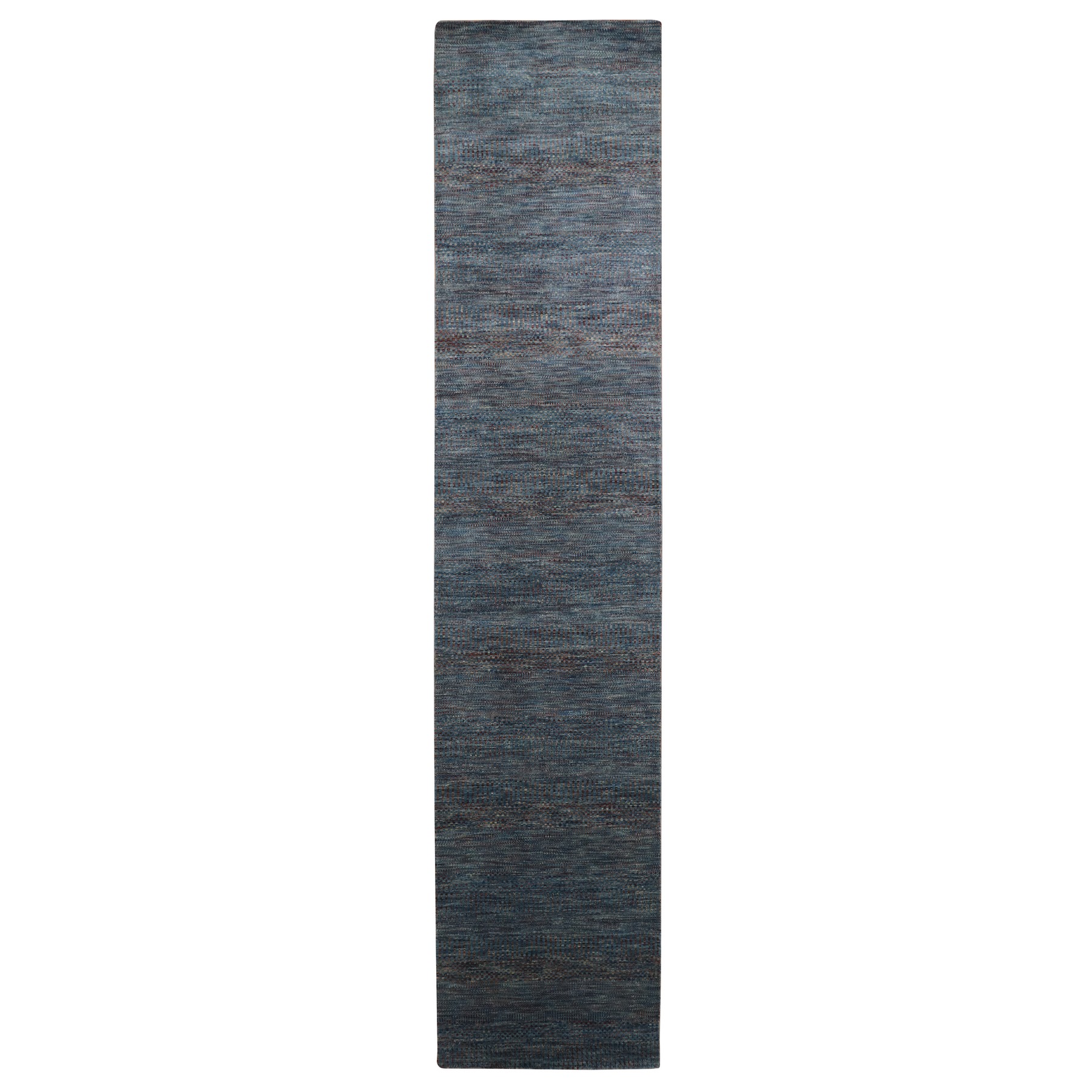 Denim Blue, Modern Grass Design, Hand Knotted, Denser Weave, Wool and Silk, Lush and Plush, Runner, Oriental Rug
